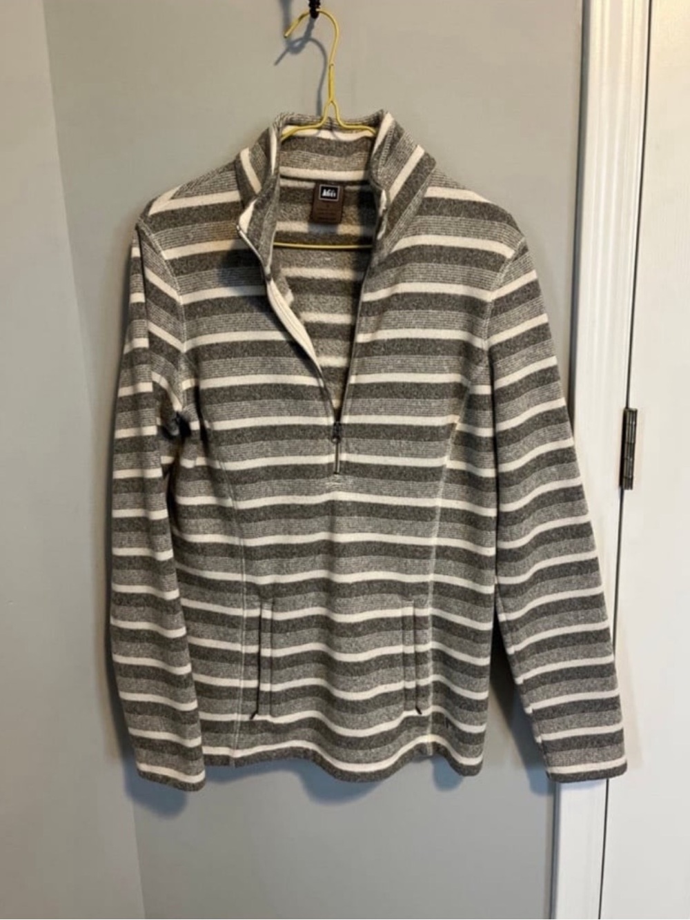 REI Women's Gray and White Striped Zip-Up Sweater